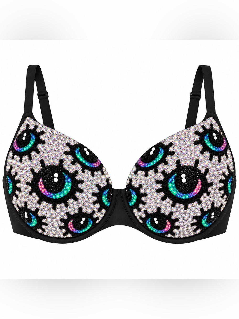 38D Evil Eye Green & Black Crystal Design Rhinestone Crystal Glam Bra New